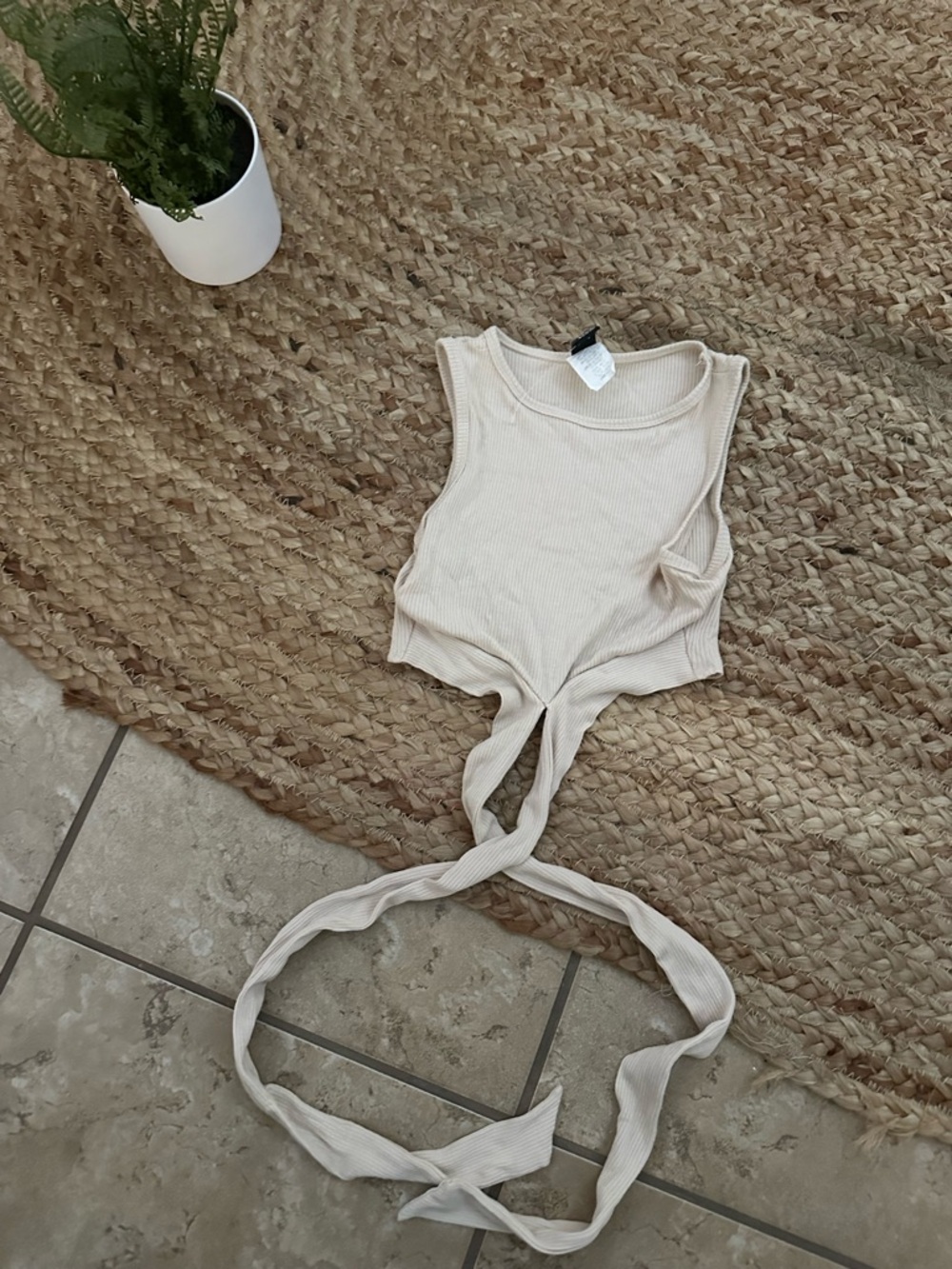 CREAM RIBBED WRAP TIE TOP